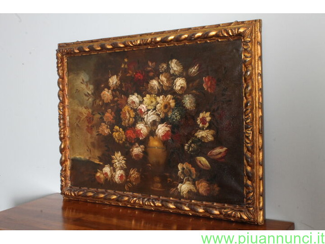 Antico dipinto olio su tela vaso fiori natura mort - 1