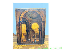 Antico dipinto olio su tavola, architettura intern - 1