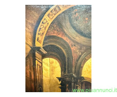 Antico dipinto olio su tavola, architettura intern - 2