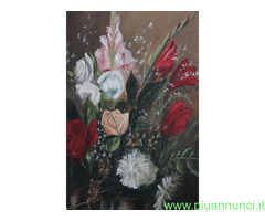 Antica coppia dipinti Vaso con fiori olio su tela