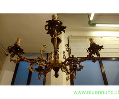 Lampadario 5 bracci in Ottone e legno