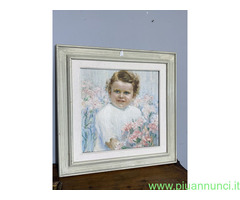 Antico dipinto di gusto Liberty, bambina con fiori