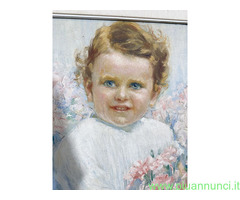 Antico dipinto di gusto Liberty, bambina con fiori