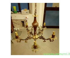 Lampadario 5 bracci in Ottone e legno