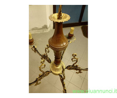 Lampadario 5 bracci in Ottone e legno