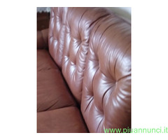 Divano & 2 poltrone pelle & legno massello vintage