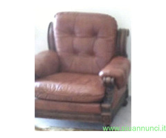 Divano & 2 poltrone pelle & legno massello vintage