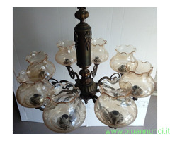 Lampadario in ottone e Vetro inciso 8 bracci